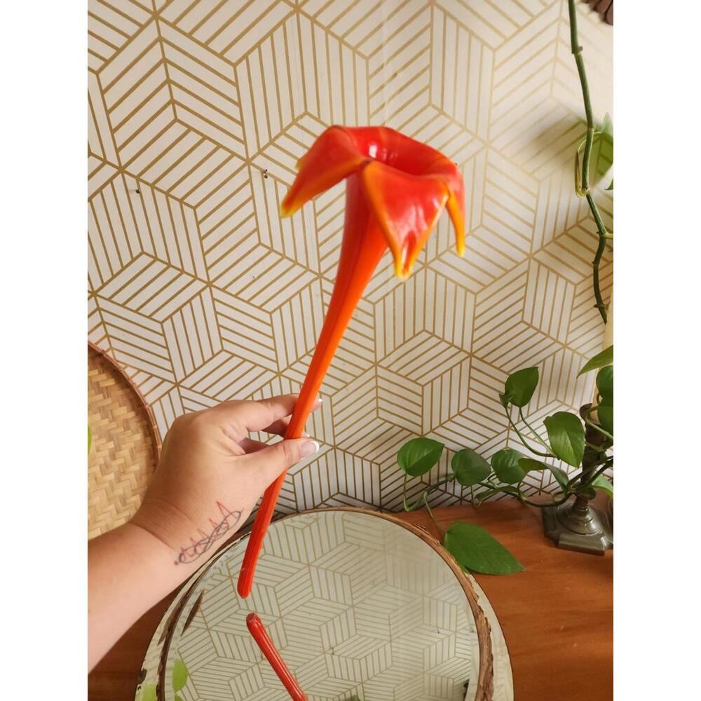 Vintage Orange Large Hand Blown Long Stem Art Glass Flower Bittersweet Colors
